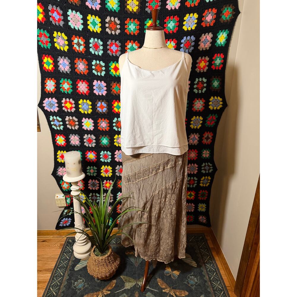 Chico’s Brown Patchwork Mesh Floral Maxi Skirt Size 1 Boho Fairy Grunge